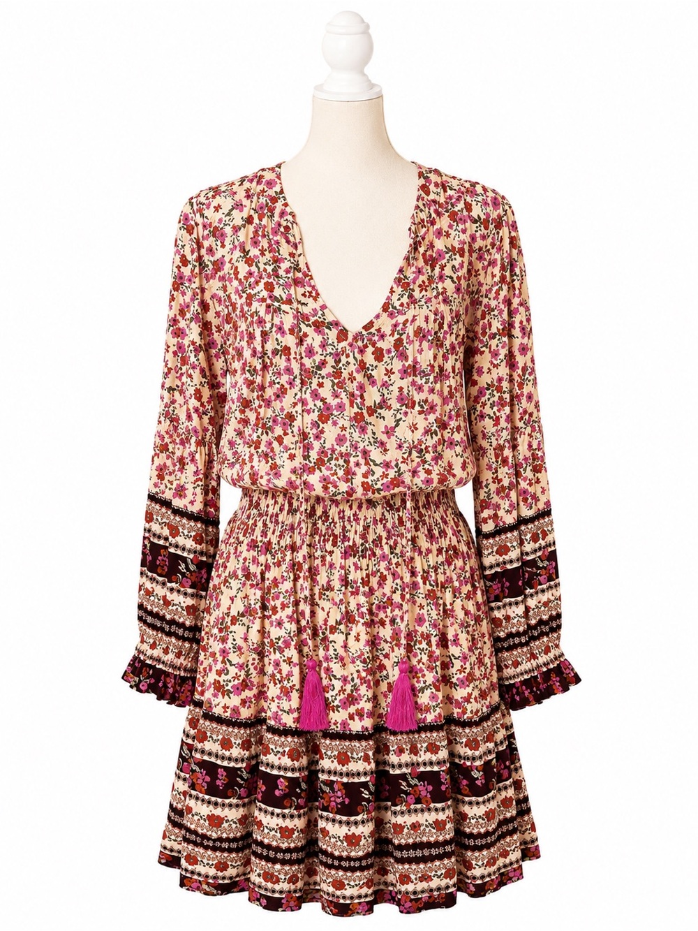 VICI Floral Boho Mini Dress Women’s Small Cream Pink Long Bell Sleeve Tassel Tie